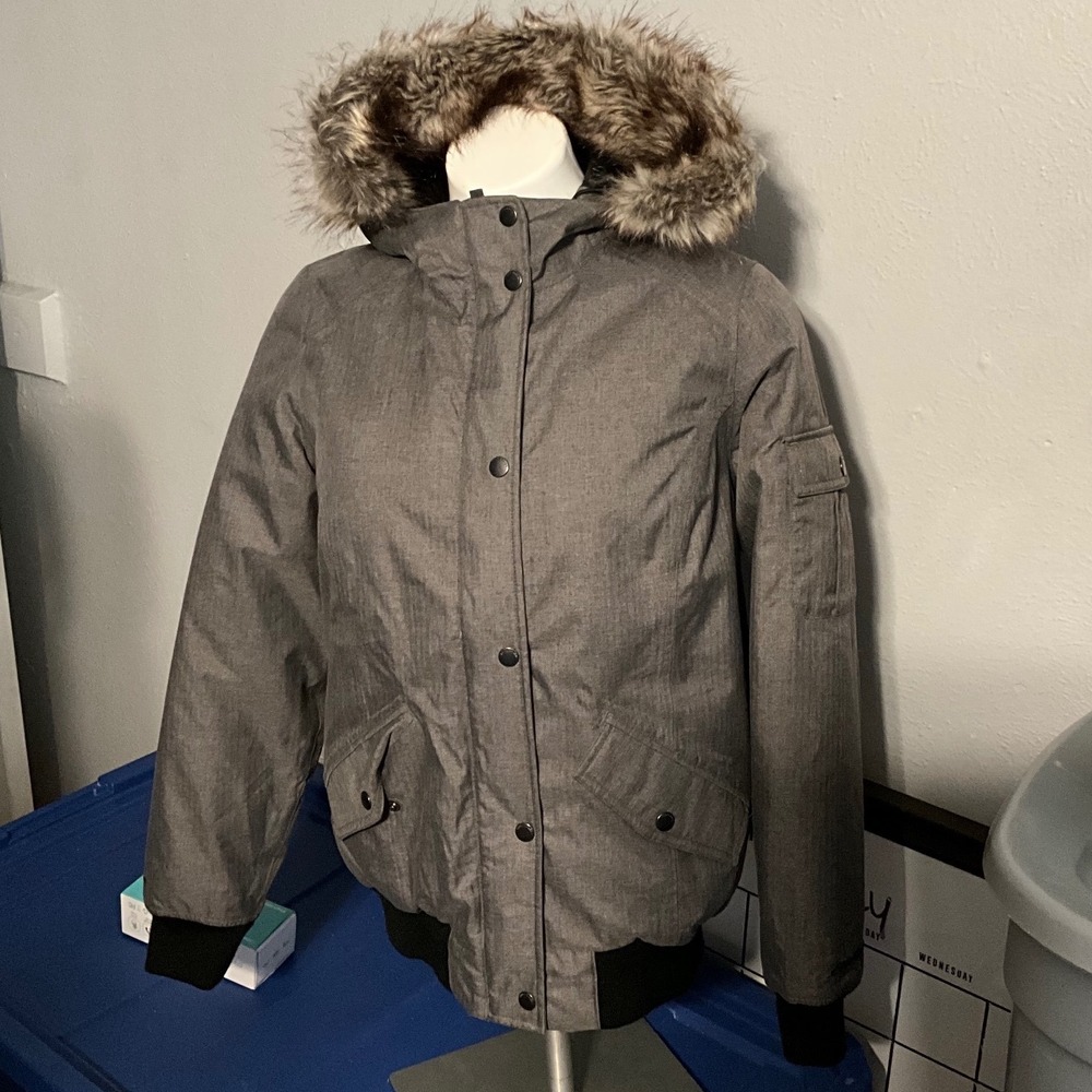 Eddie Bauer Womens Gray Down Hooded Bomber Jacket Faux Fur Trim Small